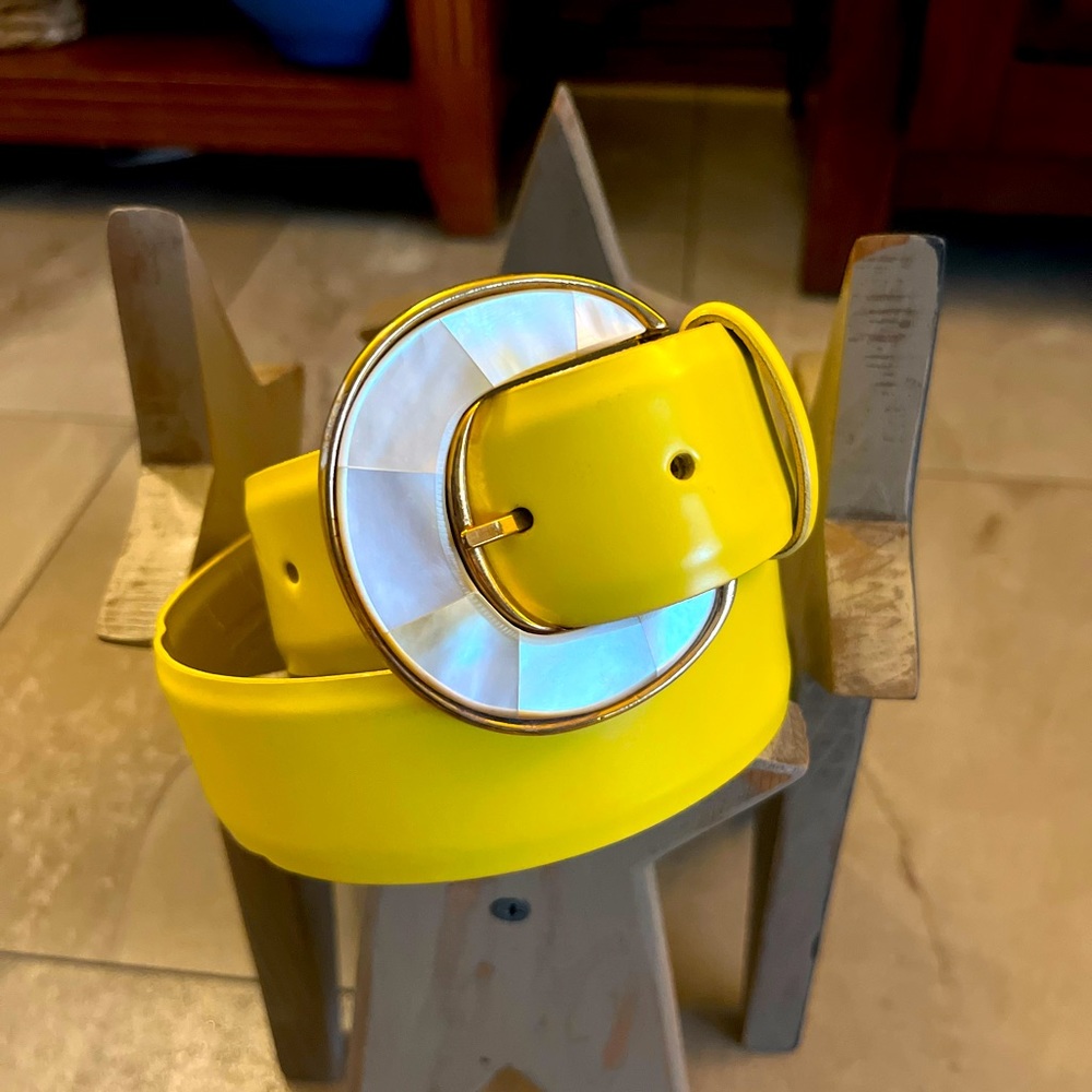 Vintage bright yellow and mother of pearl leather  Carlisle belt 34  inches